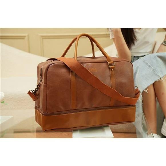 Leather Large Travel Duffel Tote Bag Carry On With Shoe Compartment (Black) - Picture 12 of 14